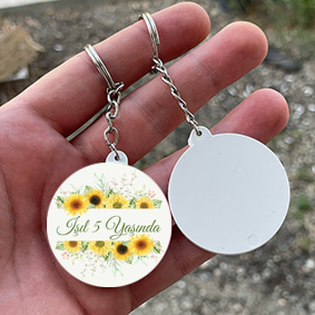 Ayçiçekleri ile Tomurcuklar Temalı Daire Plastik Anahtarlık