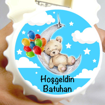 Ayda Uyuyan Balonlu Ayıcık Mavi Fon Temalı Kapak Şekilli Magnet Açacak