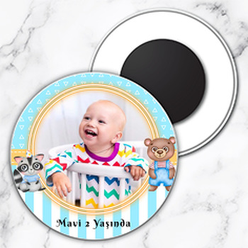 Ayıcık ile Rakun Temalı Resimli Daire Plastik Magnet