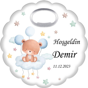 Ayıcık Mavi Bulutta Balonlar ve Yıldızlar Temalı Çiçek Şekilli Magnet Açacak