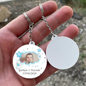 Baby Fil Mavi  Temalı Resimli Daire Plastik Anahtarlık