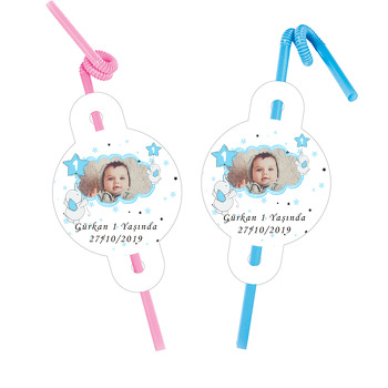 Baby Fil Mavi  Temalı Resimli Pipet ve Kartı