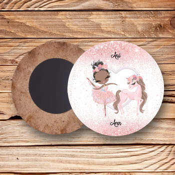 Balerin Ve Pembe Unicorn Temalı Ahşap Daire Magnet