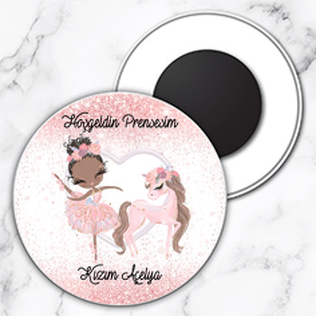 Balerin Ve Pembe Unicorn Temalı Daire Plastik Magnet