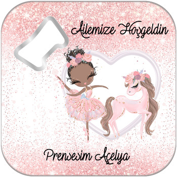 Balerin Ve Pembe Unicorn Temalı Kare Magnet Açacak
