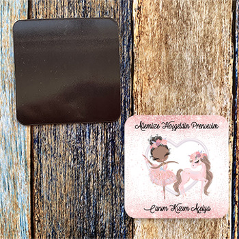 Balerin Ve Pembe Unicorn Temalı Kare Magnet