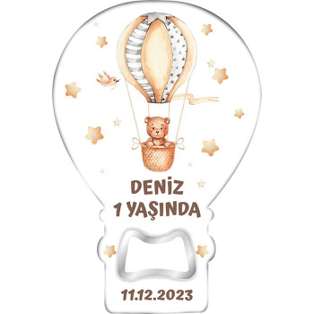 Balonda Sevimli Ayı ile Sarı Yıldızlar Temalı Balon Ahşap Magnet 
