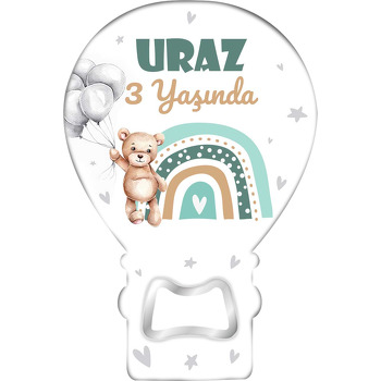 Balonlu Ayıcık ile Yeşil Gökkuşağı Temalı Balon Ahşap Magnet 