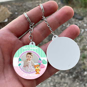 Balonlu Ayıcık Temalı Resimli Daire Plastik Anahtarlık