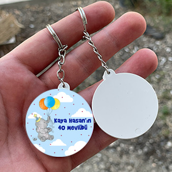 Balonlu Fil ile Kalpli Balonlar Temalı Daire Plastik Anahtarlık