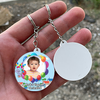 Balonlu Fil  Temalı Resimli Daire Plastik Anahtarlık