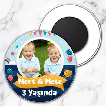 Balonlu İkiz Erkek Temalı Daire Plastik Magnet