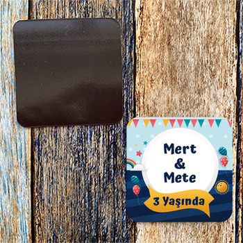 Balonlu İkiz Erkek Temalı Doğum Günü Magnet