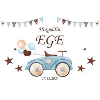 Balonlu Mavi Araba Temalı Doğum Günü Afiş