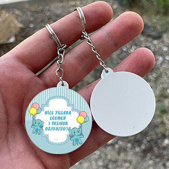 Balonlu Mavi Fil Temalı Daire Plastik Anahtarlık