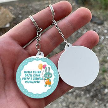 Balonlu Mavi Tavşan Temalı Daire Plastik Anahtarlık