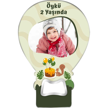 Balonlu Pasta ile Sincap Temalı Balon Ahşap Magnet 