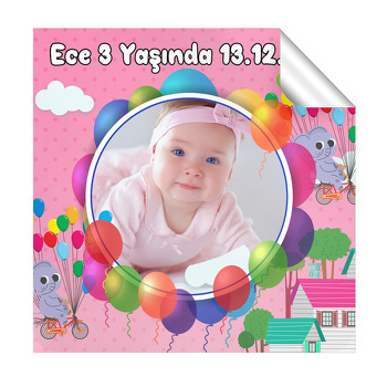 Balonlu Pembe Fil Temalı Doğum Günü  Kare Etiket