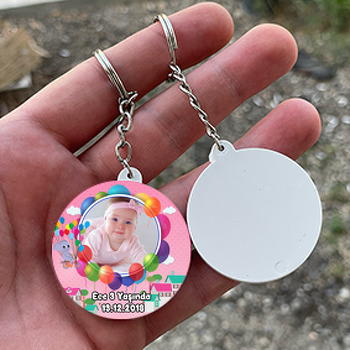 Balonlu Pembe Fil  Temalı Resimli Daire Plastik Anahtarlık