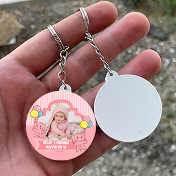 Balonlu Pembe Fil Temalı Resimli Daire Plastik Anahtarlık