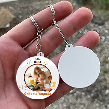 Balonlu Turuncu Araba ile Fil Temalı Daire Plastik Anahtarlık