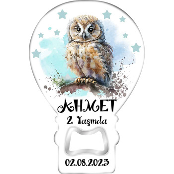 Baykuş ile Mavi Yıldızlar Temalı Balon Ahşap Magnet 