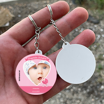 Bebek Araba Ve Kalp Çerçeveli Hoşgeldin Bebek Daire Plastik Anahtarlık