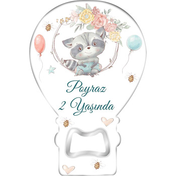 Bebek Rakun ile Çiçekler Temalı Balon Ahşap Magnet 