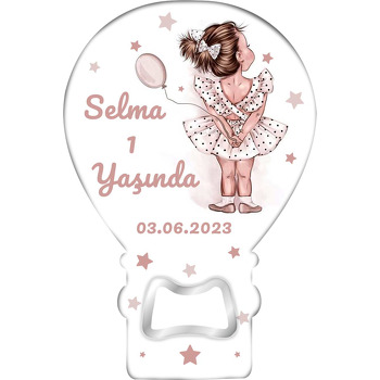Bej Balonlu Puantiye Elbiseli Kız Temalı Balon Ahşap Magnet 