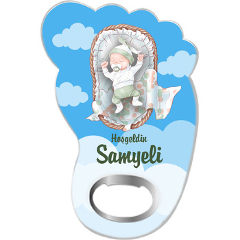 Beşikte Uyuyan Bebek Mavi Fon Temalı Ayak İzi Magnet Açacak