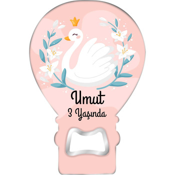 Beyaz Çiçek Çerçeve ile Kuğu Temalı Balon Ahşap Magnet 