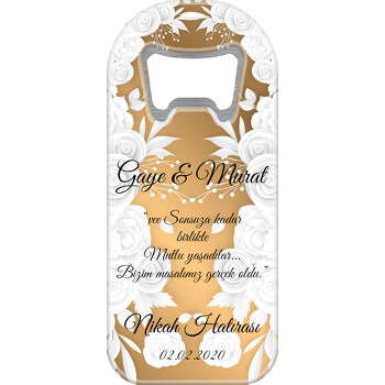 Beyaz Çiçekler ve Altın Fon Temalı Söz Nişan Nikah Uzun Oval Magnet Açacak