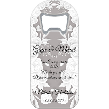 Beyaz Çiçekler ve Füme Gri Fon Temalı Söz Nişan Nikah Uzun Oval Magnet Açacak