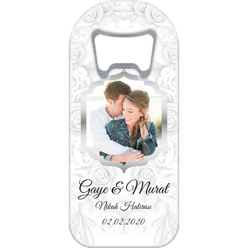 Beyaz Çiçekler ve Gümüş Çerçeve Temalı Söz Nişan Nikah Uzun Oval Magnet Açacak