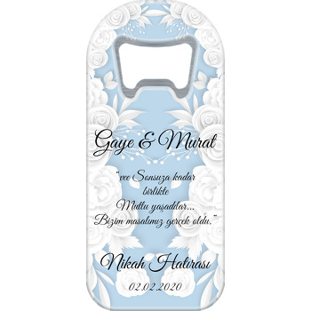 Beyaz Çiçekler ve Mavi Fon Temalı Söz Nişan Nikah Uzun Oval Magnet Açacak