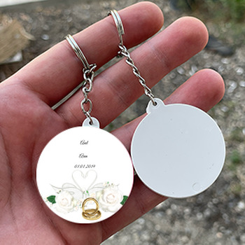 Beyaz Gül Ve Alyans Temalı Söz Nişan Nikah Daire Plastik Anahtarlık