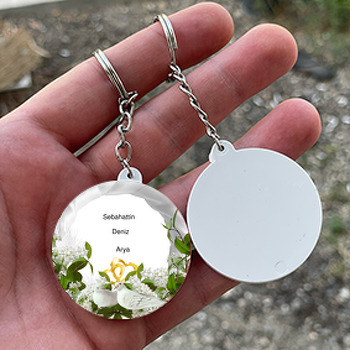 Beyaz Güvercin Temalı Söz Nişan Nikah Daire Plastik Anahtarlık