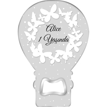 Beyaz Kelebek Çerçeve Gri Fon Temalı Balon Ahşap Magnet 