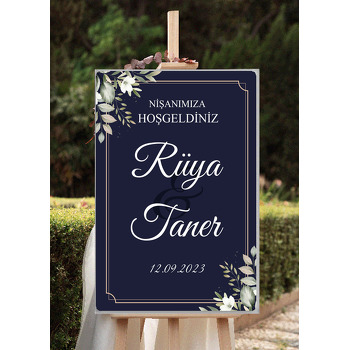 Beyaz Kır Çiçeği ile Lacivert Fon Temalı Söz Nişan Nikah Dekota Karşılama Panosu