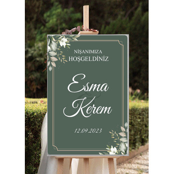 Beyaz Kır Çiçeği ile Zeytin Yeşili Fon Temalı Söz Nişan Nikah Dekota Karşılama Panosu