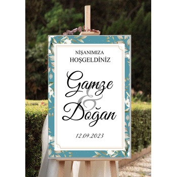 Beyaz Kır Çiçekleri ile Mavi Fon Beyaz Bordürlü Çerçeve Temalı Söz Nişan Nikah Dekota Karşılama Panosu