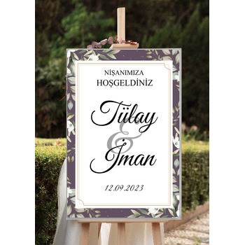 Beyaz Kır Çiçekleri ile Mor Fon Beyaz Bordürlü Çerçeve Temalı Söz Nişan Nikah Dekota Karşılama Panosu
