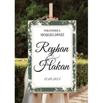 Beyaz Kır Çiçekleri ile Zeytin Yeşili Fon Beyaz Bordürlü Çerçeve Temalı Söz Nişan Nikah Dekota Karşılama Panosu