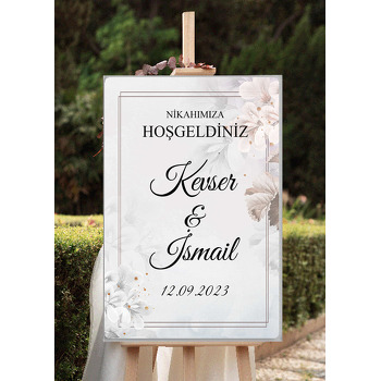 Beyaz Krem Yaseminler Gri Fon Temalı Söz Nişan Nikah Dekota Karşılama Panosu