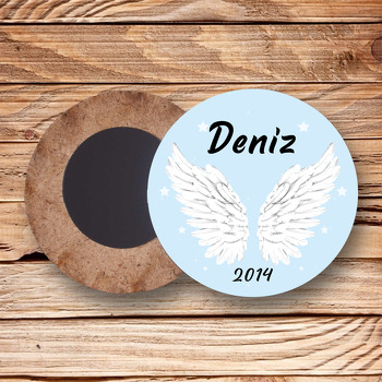 Beyaz Melek Kanadı Mavi Fon Temalı Daire Ahşap Magnet