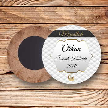 Beyaz ve Gold Raptiye Desen Temalı Daire Ahşap Magnet