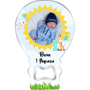 Bir Yaş Fil ile Zürafa Temalı Balon Ahşap Magnet 