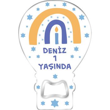 Bir Yaş Mumlu Mavi Gökkuşağı Temalı Balon Ahşap Magnet 