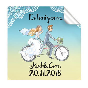 Bisiklet ve Gelin Damat Zeminli Söz Nişan Nikah Kare Etiket
