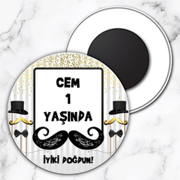 Bıyık ile Gold Puantiye Temalı Daire Plastik Magnet